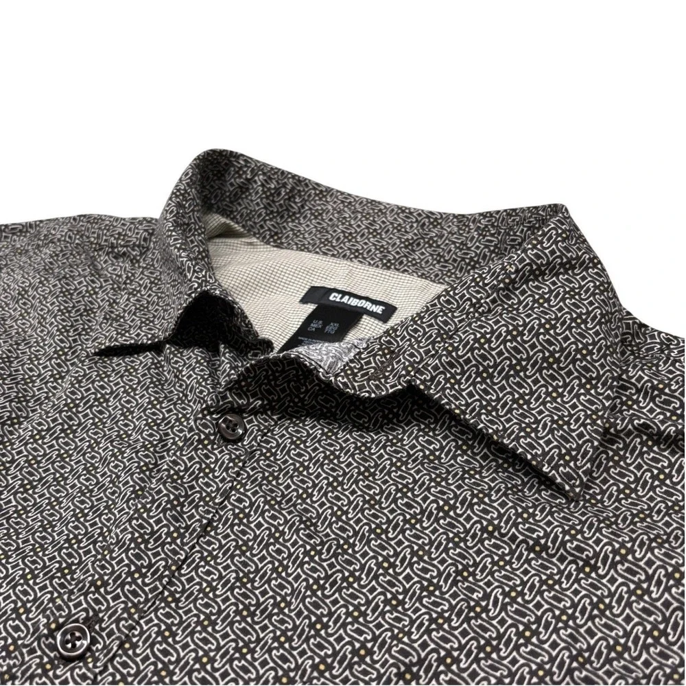 Claiborne Button Down‎ Shirt Mens XXL Black White Geo Print Short Sleeve Pockets